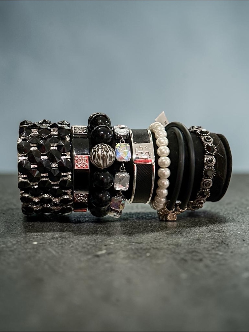 Signature Faith Black & Silver Bracelet Stack Pearl Crystal Rhinestone Boho